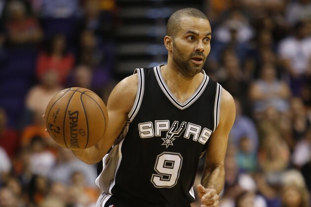 San Antonio Spurs guard Tony Parker (9) in the third quarter during an NBA basketball game against the Phoenix Suns, Sunday, Feb. 21, 2016, in Phoenix. The Spurs defeated the Suns 118-111. (AP Photo/Rick Scuteri)