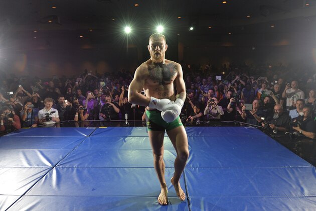 LAS VEGAS, NV - MARCH 2:   UFC featherweight champion Conor McGregor holds an open training session for fans and media at the  Jabbawockeez Theater in the MGM Grand Hotel/Casino on March 2, 2016 in Las Vegas, Nevada. (Photo by Brandon Magnus/Zuffa LLC/Zuffa LLC via Getty Images)
