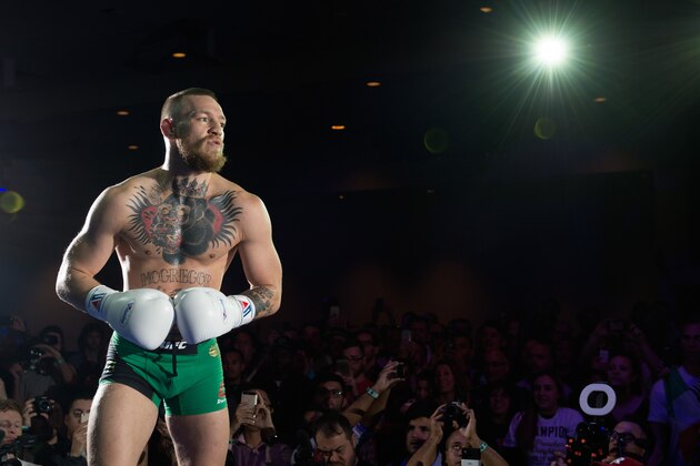 LAS VEGAS, NV - MARCH 2:   UFC featherweight champion Conor McGregor holds an open training session for fans and media at the  Jabbawockeez Theater in the MGM Grand Hotel/Casino on March 2, 2016 in Las Vegas, Nevada. (Photo by Brandon Magnus/Zuffa LLC/Zuffa LLC via Getty Images)