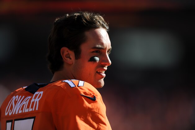DENVER, CO - JANUARY 24:  Brock Osweiler #17 of the Denver Broncos stands on the field before the AFC Championship game against the New England Patriots at Sports Authority Field at Mile High on January 24, 2016 in Denver, Colorado.  (Photo by Dustin Bradford/Getty Images)