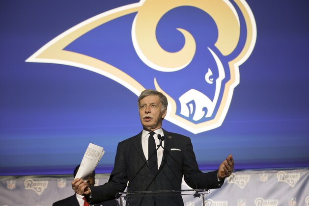 St. Louis Rams owner Stan Kroenke takes questions from the media at a news conference at The Forum in Inglewood, Calif., on Friday, Jan. 15, 2016. The Rams are returning to play in 2016 in the Los Angeles area at a new stadium to be built on a site near The Forum. (AP Photo/Nick Ut)