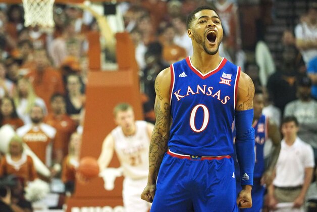 Feb 29, 2016; Austin, TX, USA; Kansas Jayhawks guard Frank Mason (0) reacts against the Texas Longhorns during the first half at the Frank Erwin Special Events Center. Mandatory Credit: Brendan Maloney-USA TODAY Sports