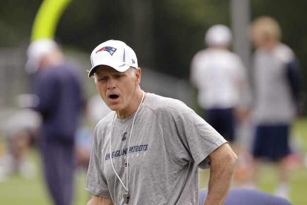 New England Patriots assistant head coach/offensive line Dante Scarnecchia shouts instructions to his players during the first day of mini camp at the NFL football team's facility in Foxborough, Mass., Tuesday, June 12, 2012. (AP Photo/Stephan Savoia)