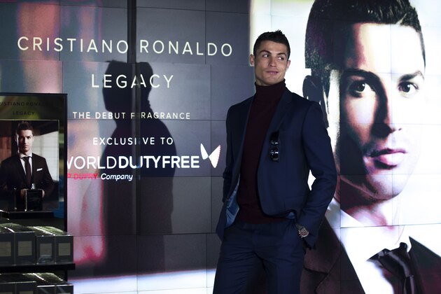 MADRID, SPAIN - MARCH 03:  Cristiano Ronaldo presents his fragance 'Cristiano Ronaldo Legacy' at World Duty Free store at Barajas airport on March 3, 2016 in Madrid, Spain.  (Photo by Gonzalo Arroyo Moreno/Getty Images)