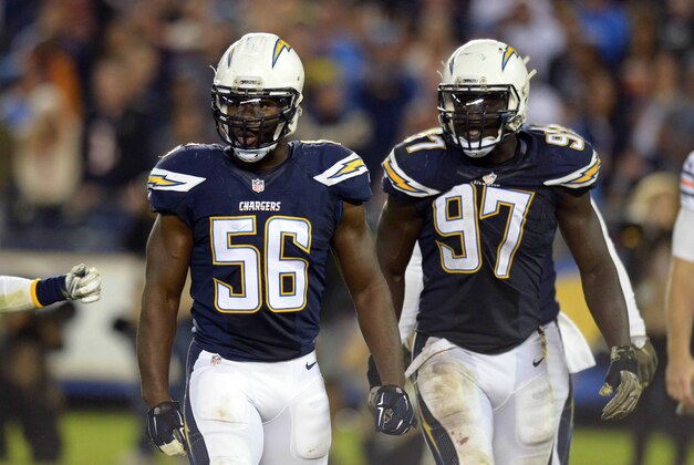 Nov 9, 2015; San Diego, CA, USA; San Diego Chargers inside linebacker Donald Butler (56) and outside linebacker Jeremiah Attaochu (97) react during the third quarter against the Chicago Bears at Qualcomm Stadium. Mandatory Credit: Jake Roth-USA TODAY Sports Nov 9, 2015; San Diego, CA, USA; San Diego Chargers inside linebacker Donald Butler (56) and outside linebacker Jeremiah Attaochu (97) react during the third quarter against the Chicago Bears at Qualcomm Stadium. Mandatory Credit: Jake Roth-USA TODAY Sports
