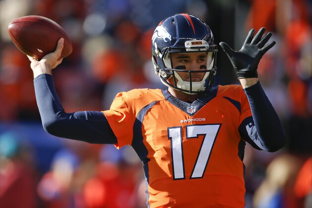 Denver Broncos quarterback Brock Osweiler warms up before an NFL football divisional playoff game against the Pittsburgh Steelers, Sunday, Jan. 17, 2016, in Denver. (AP Photo/David Zalubowski) Denver Broncos quarterback Brock Osweiler warms up before an NFL football divisional playoff game against the Pittsburgh Steelers, Sunday, Jan. 17, 2016, in Denver. (AP Photo/David Zalubowski)