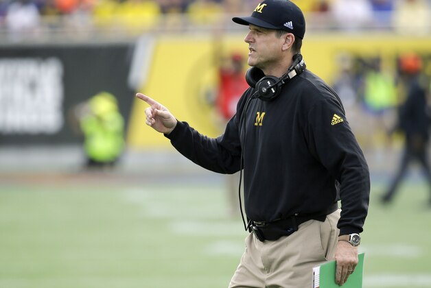 Michigan head coach Jim Harbaugh on the field during the first half of the Citrus Bowl NCAA college football game against Florida , Friday, Jan. 1, 2016, in Orlando, Fla. (AP Photo/John Raoux)