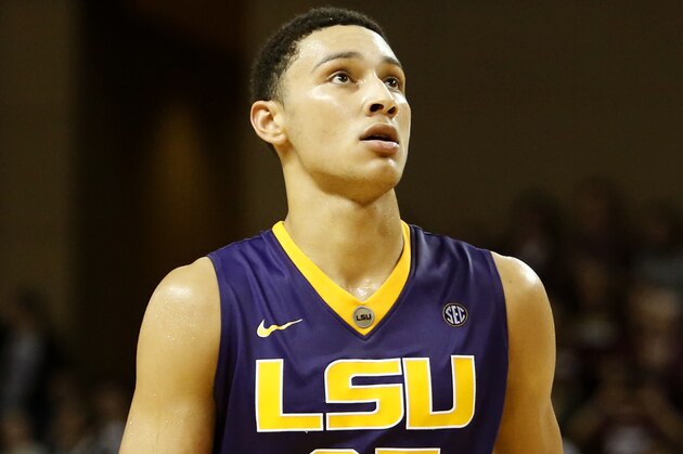 LSU's Ben Simmons walks down the court late in the second half while the College of Charleston secures the win during the second half of an NCAA college basketball game at TD Arena, Monday Nov. 30, 2015, in Charleston, S.C. The College of Charleston went on to win 70-58.  (AP Photo/Mic Smith)