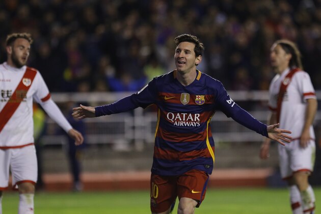 Barcelona's Lionel Messi celebrates after scoring his side's third goal against Rayo Vallecano during a Spanish La Liga soccer match between Barcelona and Rayo Vallecano at the Vallecas stadium in Madrid, Thursday, March 3, 2016. (AP Photo/Francisco Seco)