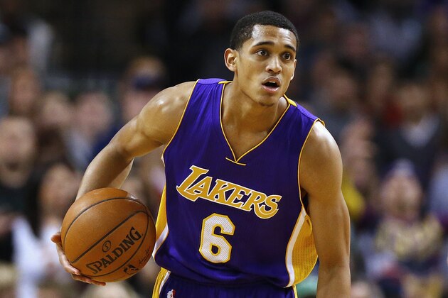 Los Angeles Lakers' Jordan Clarkson during the second half of the Los Angeles Lakers 112-104 win over the Boston Celtics in an NBA basketball game in Boston Wednesday, Dec. 30, 2015.(AP Photo/Winslow Townson)