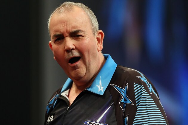 AUCKLAND, NEW ZEALAND - AUGUST 30:  Phil Taylor reacts during during the Auckland Darts Masters at The Trusts Arena on August 30, 2015 in Auckland, New Zealand.  (Photo by Michael Bradley/Getty Images)