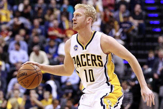 Indiana Pacers forward Chase Budinger dribbles the basketball against the Charlotte Hornets in the second half of an NBA basketball game, Friday, Feb. 26, 2016, in Indianapolis. Charlotte won 96-95.  (AP Photo/R Brent Smith)