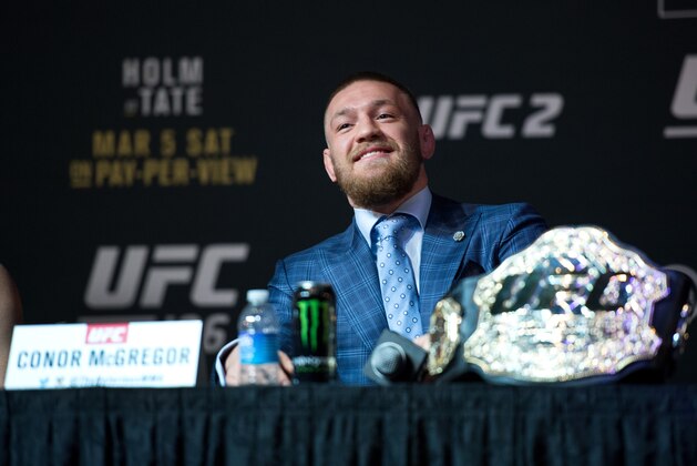 LAS VEGAS, NV - MARCH 3:   UFC featherweight champion Conor McGregor speaks to the media during the UFC 196 Press Conference at David Copperfield Theater in the MGM Grand Hotel/Casino on March 3, 2016 in Las Vegas, Nevada. (Photo by Brandon Magnus/Zuffa LLC/Zuffa LLC via Getty Images)
