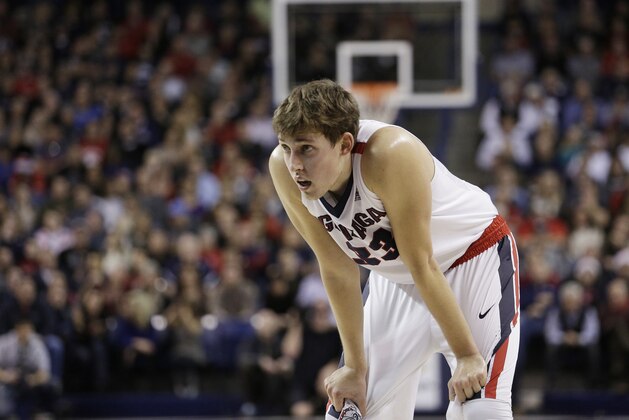 Gonzaga's Kyle Wiltjer waits for play to resume during the first half of an NCAA college basketball game against UCLA, Saturday, Dec. 12, 2015, in Spokane, Wash. (AP Photo/Young Kwak)