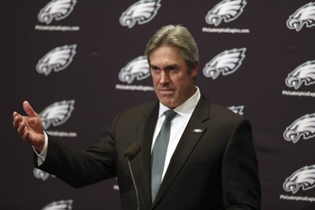 Doug Pederson answers questions after he was introduced as the Philadelphia Eagles' new head coach during an NFL football news conference, Tuesday, Jan. 19, 2016, in Philadelphia. Pederson, a former Eagles quarterback, was Kansas City's offensive coordinator under Andy Reid the past three seasons. He inherits a team that went 7-9 under fired coach Chip Kelly.  (AP Photo/Mel Evans)