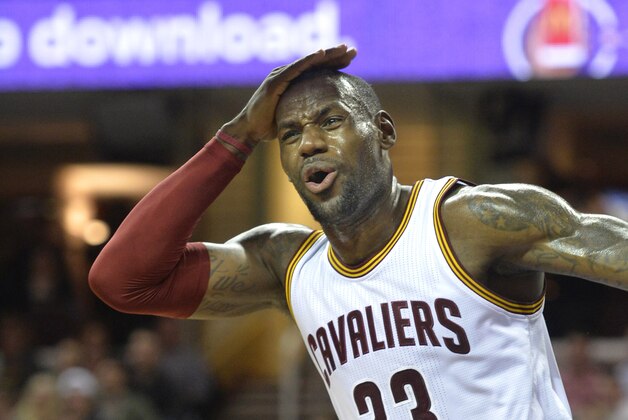 Feb 29, 2016; Cleveland, OH, USA; Cleveland Cavaliers forward LeBron James (23) reacts in the first quarter against the Indiana Pacers at Quicken Loans Arena. Mandatory Credit: David Richard-USA TODAY Sports