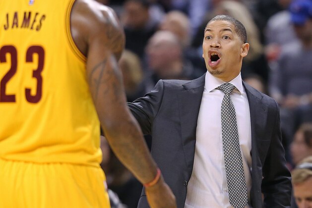 TORONTO, ON - FEBRUARY 26:  Head coach Tyronn Lue of the Cleveland Cavaliers makes a point to LeBron James #23 during action against the Toronto Raptors in an NBA game at the Air Canada Centre on February 26, 2016 in Toronto, Ontario, Canada. The Raptors defeated the Cavaliers 99-97. NOTE TO USER: user expressly acknowleges and agrees by downloading and/or using this Photograph, user is consenting to the terms and conditions of the Getty Images License Agreement. (Photoby Claus Andersen/Getty Images)