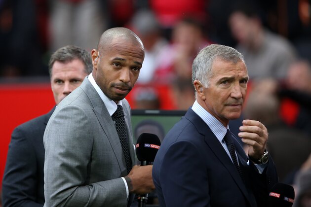 MANCHESTER, ENGLAND - SEPTEMBER 12:  Thierry Henry and Graeme Souness working for Sky Sports Television  during the Barclays Premier League match between Manchester United and Liverpool on September 12, 2015 in Manchester, United Kingdom.  (Photo by Matthew Ashton - AMA/Getty Images)