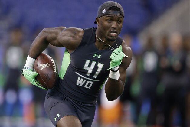 Mississippi receiver Laquon Treadwell runs a drill at the NFL football scouting combine on Saturday, Feb. 27, 2016, in Indianapolis. (AP Photo/Darron Cummings)