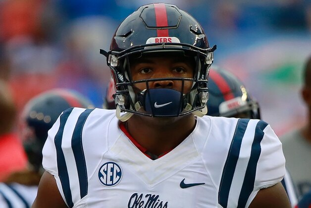 Oct 3, 2015; Gainesville, FL, USA; Mississippi Rebels defensive tackle Breeland Speaks (9) works out prior to the game at Ben Hill Griffin Stadium. Mandatory Credit: Kim Klement-USA TODAY Sports