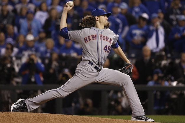 New York Mets pitcher Jacob deGrom pitches during the first inning of Game 2 of the Major League Baseball World Series against the Kansas City Royals Wednesday, Oct. 28, 2015, in Kansas City, Mo.  (AP Photo/Matt Slocum)