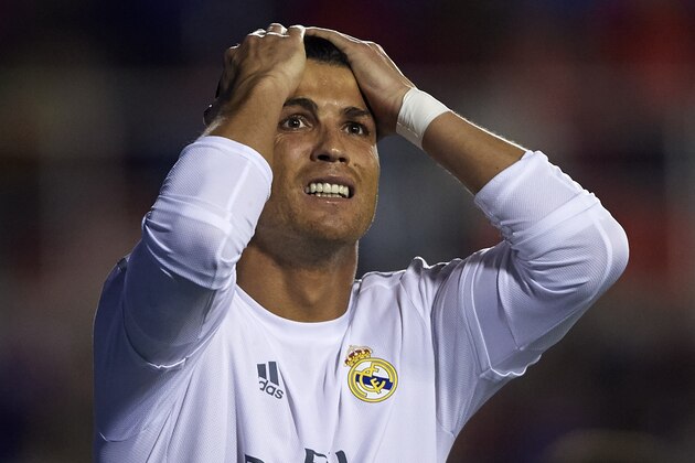 VALENCIA, SPAIN - MARCH 02:  Cristiano Ronaldo of Real Madrid reacts during the La Liga match between Levante UD and Real Madrid at Ciutat de Valencia on March 02, 2016 in Valencia, Spain.  (Photo by Manuel Queimadelos Alonso/Getty Images)