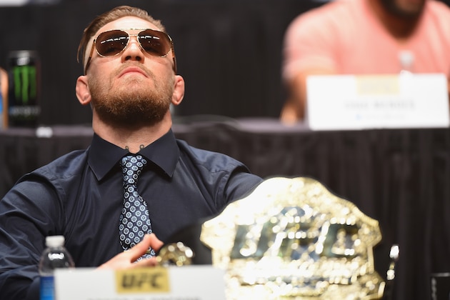 LAS VEGAS, NV - SEPTEMBER 04:  UFC featherweight champion Conor McGregor prepares to speak to the media and fans during the UFC's Go Big launch event inside MGM Grand Garden Arena on September 4, 2015 in Las Vegas, Nevada.  (Photo by Josh Hedges/Zuffa LLC/Zuffa LLC via Getty Images)