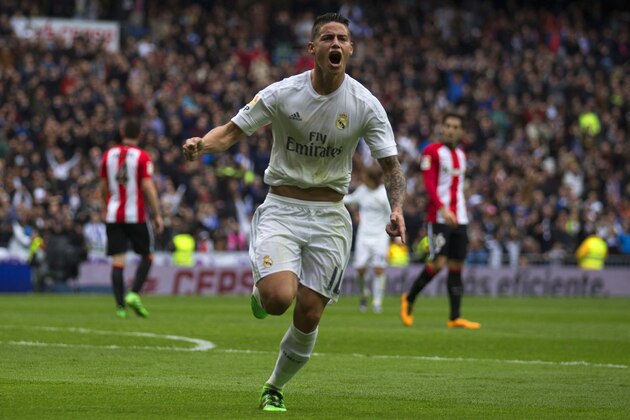 MADRID, SPAIN - FEBRUARY 13:  James Rodriguez of Real Madrid CF celebrates scoring their second goal during the La Liga match between Real Madrid CF and Athletic Club at Estadio Santiago Bernabeu on February 13, 2016 in Madrid, Spain.  (Photo by Gonzalo Arroyo Moreno/Getty Images)