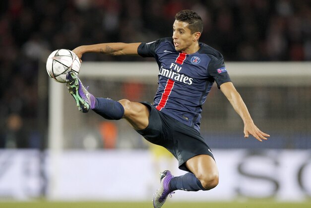PSG's Marquinhos controls the ball during the Champions League round of 16, 1st leg soccer match between Paris Saint Germain and Chelsea at the Parc des Princes stadium in Paris, France, Tuesday, Feb. 16, 2016. (AP Photo/Christophe Ena)