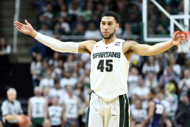Feb 28, 2016; East Lansing, MI, USA; Michigan State Spartans guard Denzel Valentine (45) gestures to the crowd during the first half of a game against the Penn State Nittany Lions at Jack Breslin Student Events Center. Mandatory Credit: Mike Carter-USA TODAY Sports