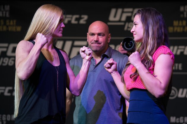 LAS VEGAS, NV - MARCH 3:   (L-R) UFC bantamweight champion Holly Holm and Miesha Tate face off during the UFC 196 Press Conference at David Copperfield Theater in the MGM Grand Hotel/Casino on March 3, 2016 in Las Vegas, Nevada. (Photo by Brandon Magnus/Zuffa LLC/Zuffa LLC via Getty Images)