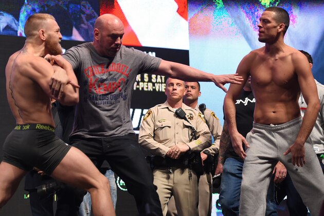 LAS VEGAS, NV - MARCH 04:  (L-R) Opponents Conor McGregor of Ireland and Nate Diaz face off during the UFC 196 Weigh-in at the MGM Grand Garden Arena on March 4, 2016 in Las Vegas, Nevada. (Photo by Josh Hedges/Zuffa LLC/Zuffa LLC via Getty Images)