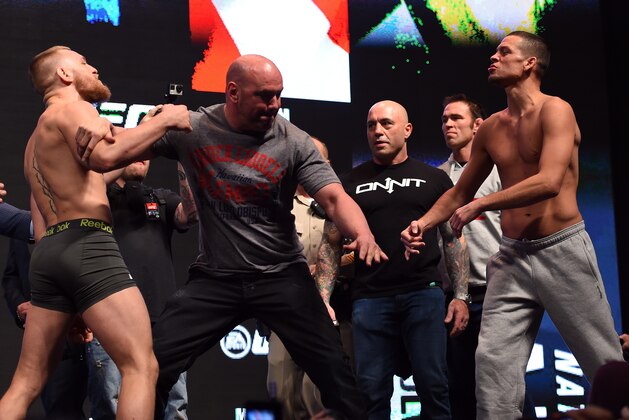 LAS VEGAS, NV - MARCH 04:  (L-R) Opponents Conor McGregor of Ireland and Nate Diaz face off during the UFC 196 Weigh-in at the MGM Grand Garden Arena on March 4, 2016 in Las Vegas, Nevada. (Photo by Josh Hedges/Zuffa LLC/Zuffa LLC via Getty Images)