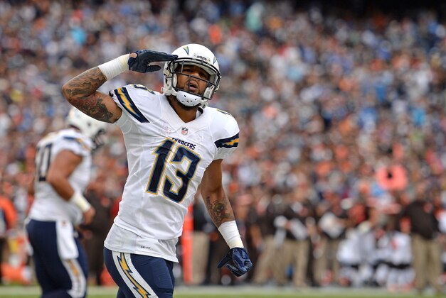 Oct 4, 2015; San Diego, CA, USA; San Diego Chargers wide receiver Keenan Allen (13) celebrates after scoring a first quarter touchdown against the Cleveland Browns at Qualcomm Stadium. Mandatory Credit: Jake Roth-USA TODAY Sports