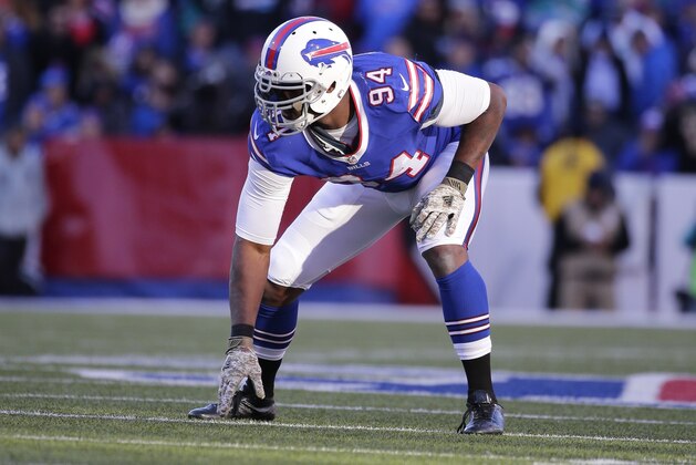 Buffalo Bills defensive end Mario Williams (94) plays during the second half of an NFL football game against the Miami Dolphins Sunday, Nov. 8, 2015, in Orchard Park, N.Y. (AP Photo/Bill Wippert)