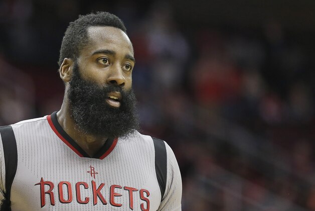 Mar 2, 2016; Houston, TX, USA;  Houston Rockets guard James Harden (13) reacts while playing against the New Orleans Pelicans in the second half at Toyota Center. The Rockets won 100-95. Mandatory Credit: Thomas B. Shea-USA TODAY Sports