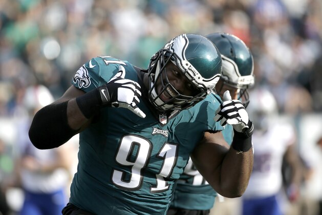 Philadelphia Eagles' Fletcher Cox reacts after a sack during the first half of an NFL football game against the Buffalo Bills, Sunday, Dec. 13, 2015, in Philadelphia. (AP Photo/Michael Perez)