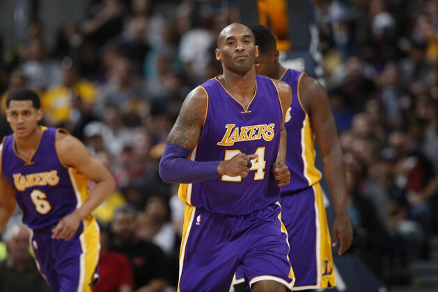 Los Angeles Lakers forward Kobe Bryant (24) in the first half of an NBA basketball game Wednesday, March 2, 2016, in Denver. (AP Photo/David Zalubowski)