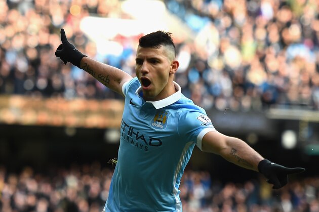 MANCHESTER, ENGLAND - MARCH 05:  Sergio Aguero of Manchester City celebrates scoring his team's third goal during the Barclays Premier League match between Manchester City and Aston Villa at Etihad Stadium on March 5, 2016 in Manchester, England.  (Photo by Laurence Griffiths/Getty Images)