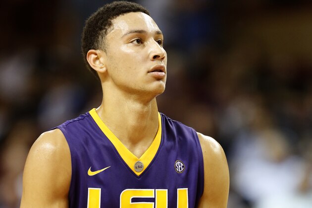 LSU's Ben Simmons attempts a free throw in the first half against the College of Charleston during an NCAA college basketball game at TD Arena, Monday Nov. 30, 2015, in Charleston, S.C. The College of Charleston went on to win 70-58.  (AP Photo/Mic Smith)
