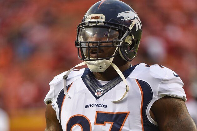 Denver Broncos defensive end Malik Jackson (97) during during warm-ups before an NFL football game on Thursday, Sept. 17, 2015, in Kansas City, Mo. (AP Photo/Reed Hoffmann)