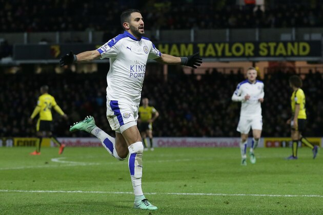 Leicester’s Riyad Mahrez celebrates after scoring a goal during the English Premier League soccer match between Watford and Leicester City at the Vicarage Road stadium in London, Saturday, March 5, 2016. (AP Photo/Tim Ireland)