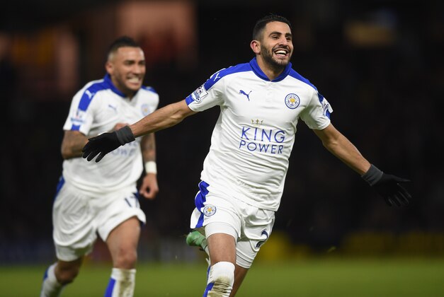 WATFORD, ENGLAND - MARCH 05: Riyad Mahrez of Leicester City celebrates scoring his team's first goal during the Barclays Premier League match between Watford and Leicester City at Vicarage Road on March 5, 2016 in Watford, England.  (Photo by Michael Regan/Getty Images)