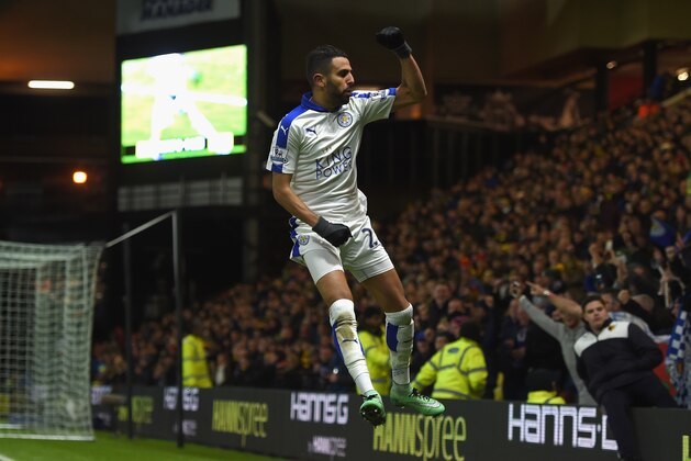 WATFORD, ENGLAND - MARCH 05:  Riyad Mahrez of Leicester City celebrates scoring his team's first goal during the Barclays Premier League match between Watford and Leicester City at Vicarage Road on March 5, 2016 in Watford, England.  (Photo by Michael Regan/Getty Images)