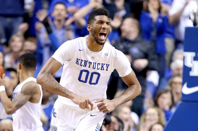 LEXINGTON, KY - MARCH 05:  Marcus Lee #00 of the Kentucky Wildcats celebrates in the game against the LSU Tigers at Rupp Arena on March 5, 2016 in Lexington, Kentucky.  (Photo by Andy Lyons/Getty Images)