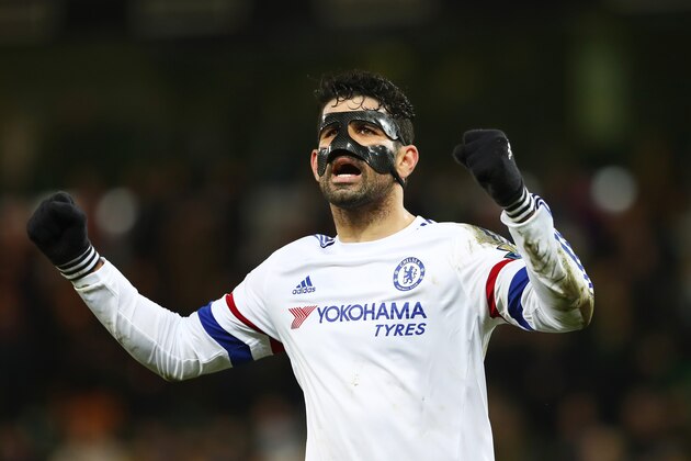 NORWICH, ENGLAND - MARCH 01:  Diego Costa of Chelsea celebrates his team's 2-1 win in the Barclays Premier League match between Norwich City and Chelsea at Carrow Road on March 1, 2016 in Norwich, England.  (Photo by Julian Finney/Getty Images)