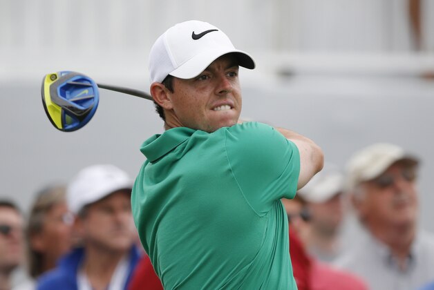 Rory McIlroy of Northern Ireland, watches his shot from the 10th tee during the third round of the Cadillac Championship golf tournament, Saturday, March 5, 2016, in Doral, Fla. (AP Photo/Wilfredo Lee)