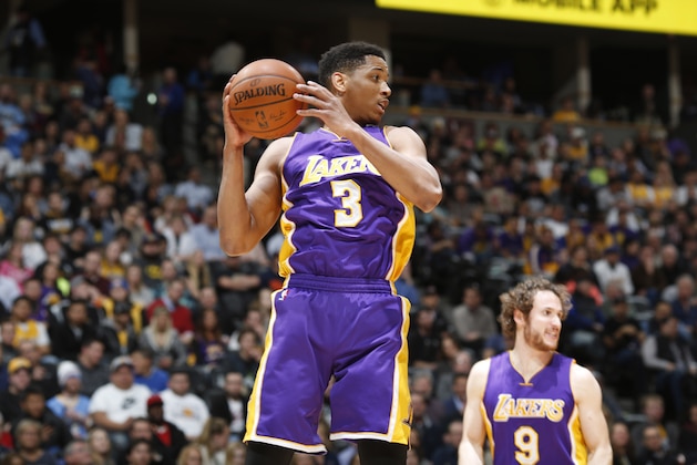 Los Angeles Lakers forward Anthony Brown (3) in the second half of an NBA basketball game Wednesday, March 2, 2016, in Denver. The Nuggets won 117-107. (AP Photo/David Zalubowski)