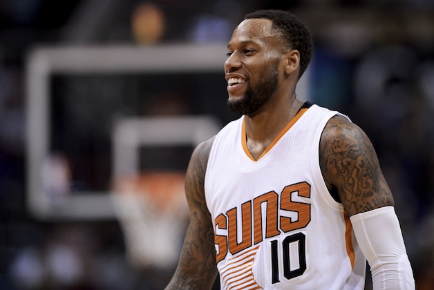 Feb 6, 2016; Phoenix, AZ, USA; Phoenix Suns guard Sonny Weems (10) laughs on the court during the game against the Utah Jazz at Talking Stick Resort Arena. Mandatory Credit: Jennifer Stewart-USA TODAY Sports