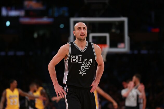 LOS ANGELES, CA - JANUARY 22: Manu Ginobili #20 of the San Antonio Spurs looks up at the scoreboard during the NBA game against the Los Angeles Lakers at Staples Center on January 22, 2016 in Los Angeles, California. The Spurs defeated the Lakers 108 - 95. NOTE TO USER: User expressly acknowledges and agrees that, by downloading and or using this photograph, User is consenting to the terms and conditions of the Getty Images License Agreement.  (Photo by Victor Decolongon/Getty Images)